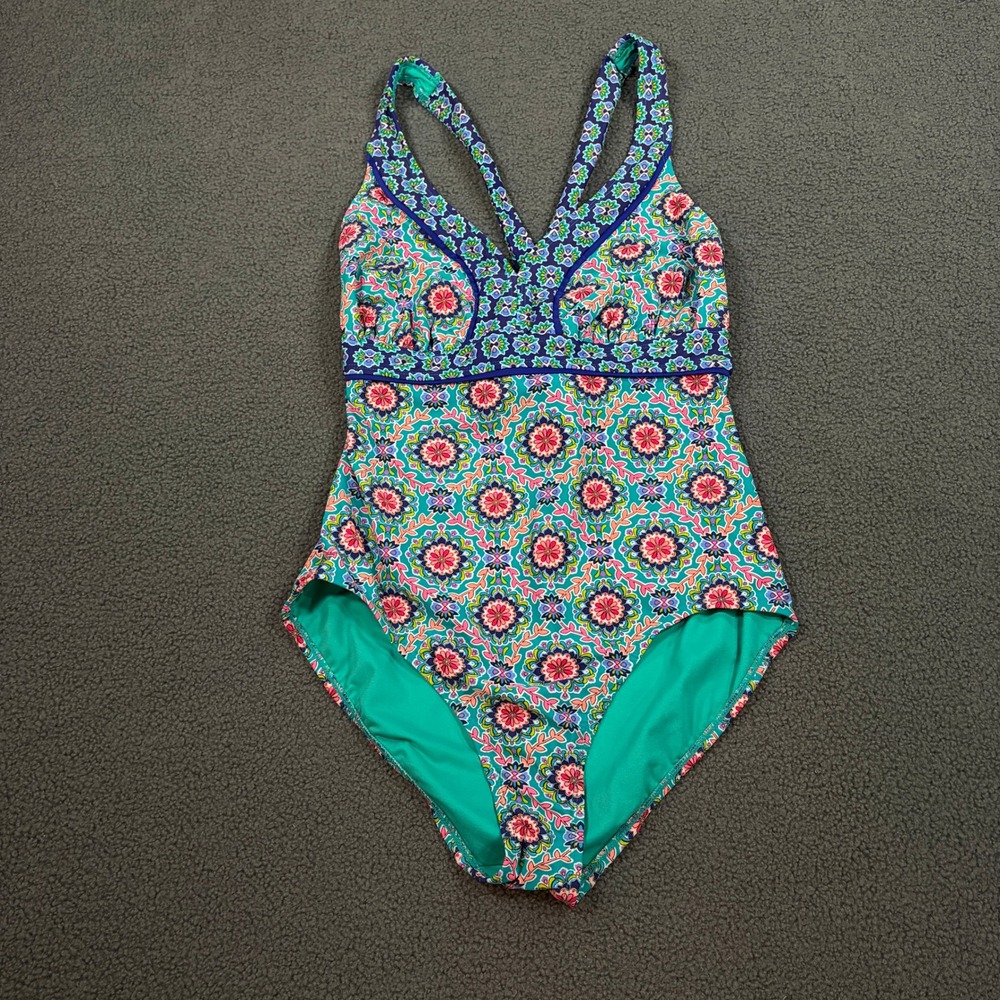 Catalina Swimsuit Womens XL Teal Blue Floral Mandala One Piece CTL37183 Strappy